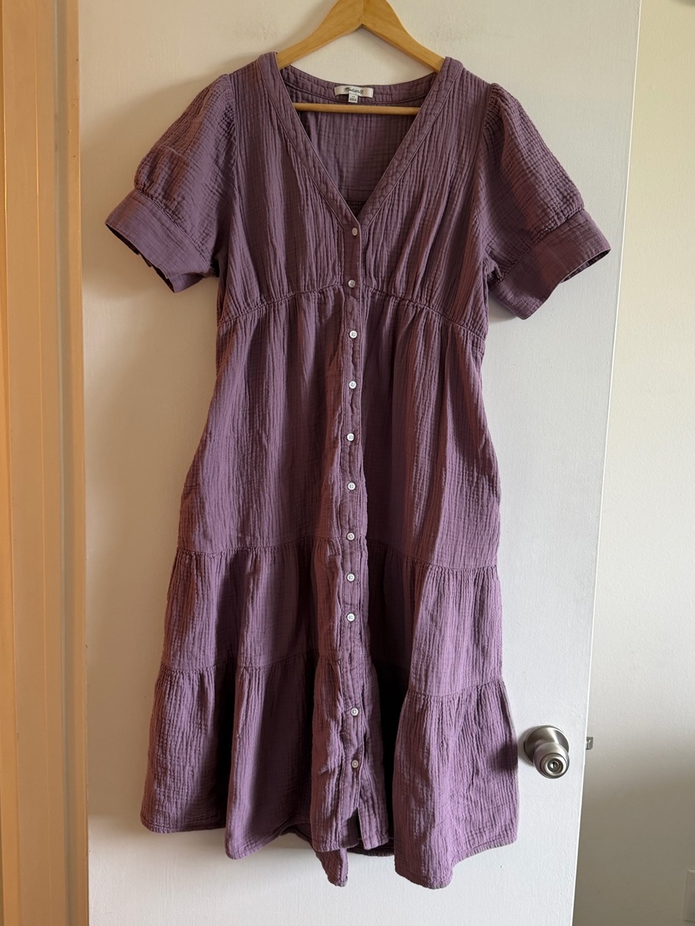 Purple Button-Front Cotton Gauze Tiered Midi Dress